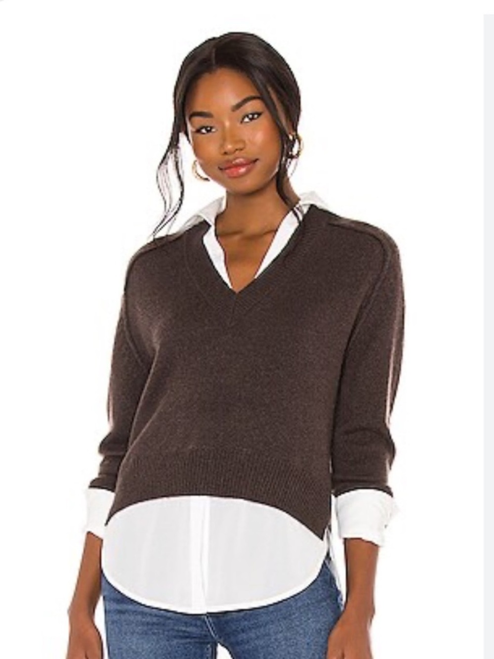 Brochu Walker Alum V Layered Look Pullover Sweater in Chocolate Brown